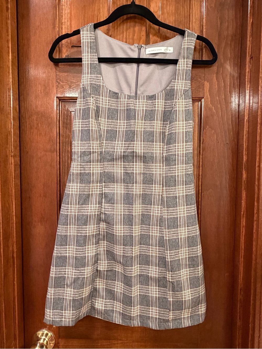 Altar'd State Gray and White Plaid Sleeveless Shift Dress
